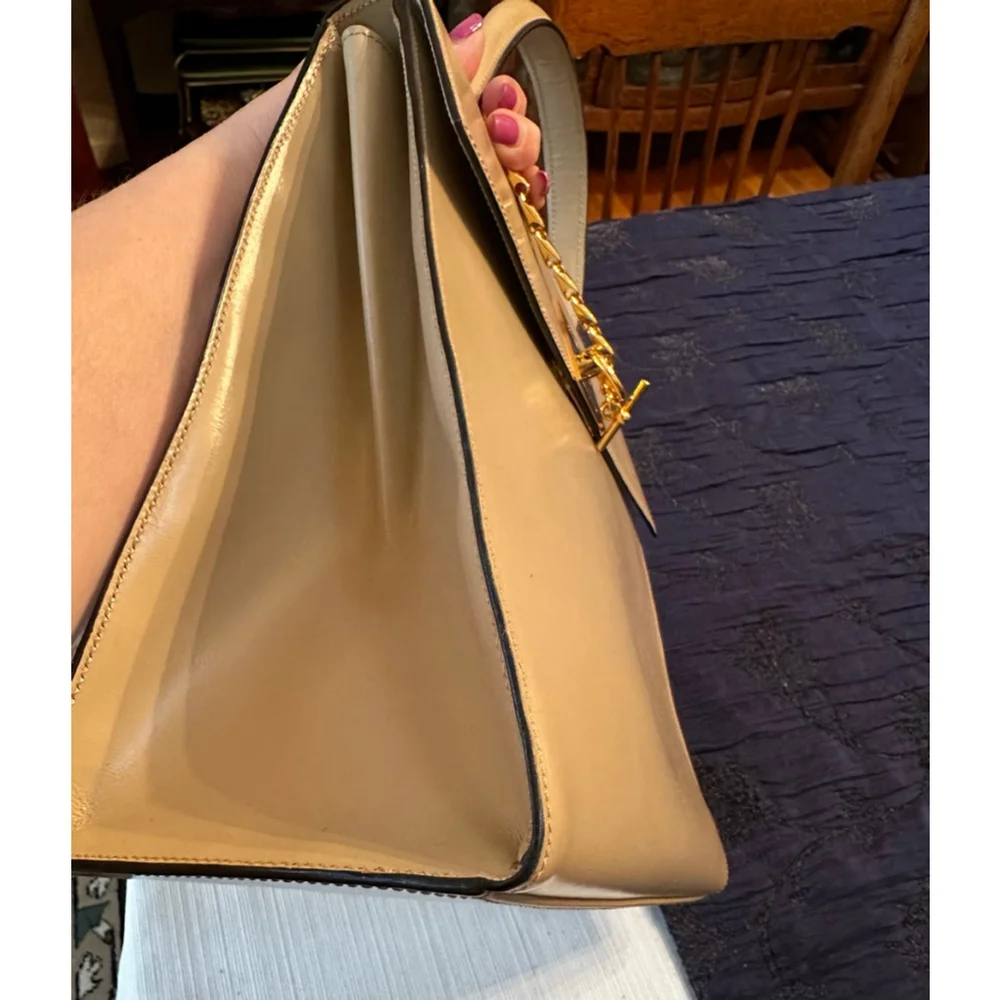 Celine Beige Leather Satchel Bag with Gold Hardware